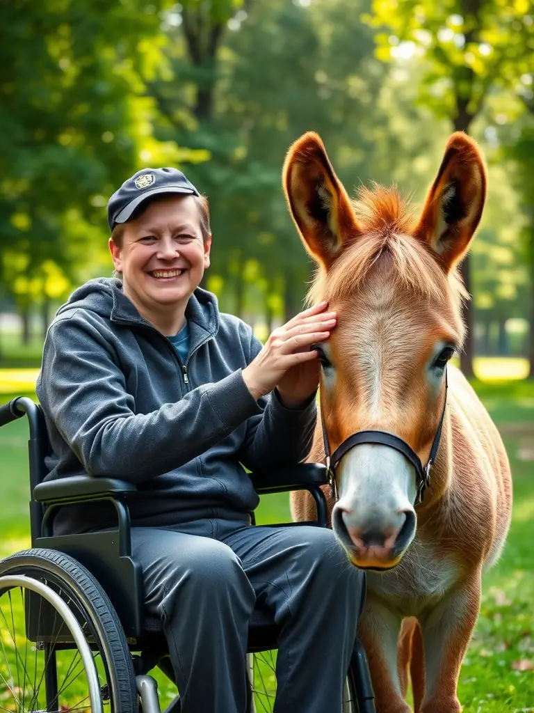 A person with a disability smiling while petting a donkey, illustrating the therapeutic benefits of interacting with these animals.
