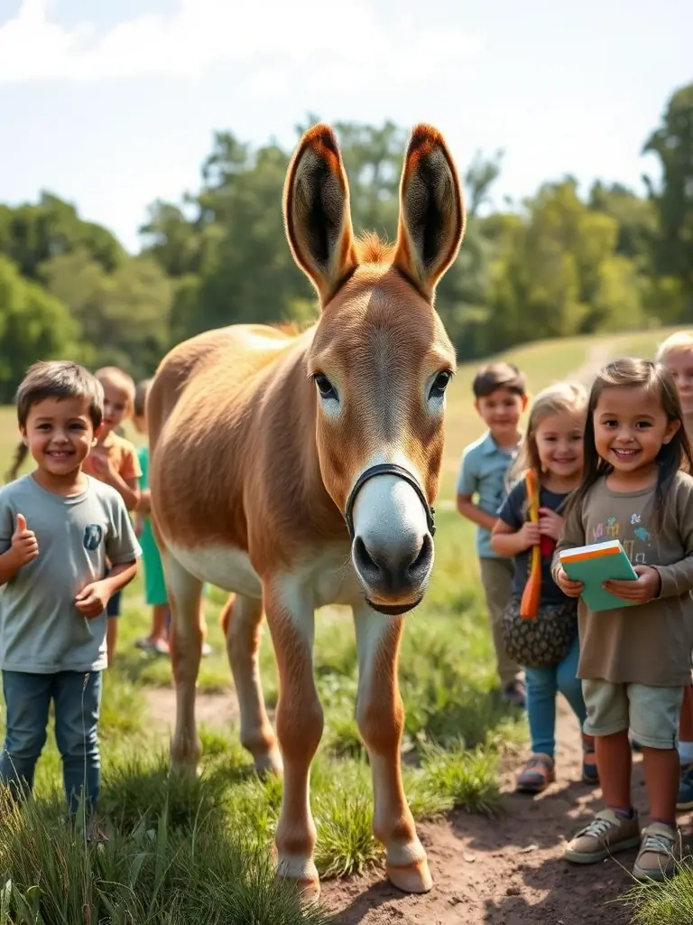 A donkey participating in a pedagogical activity with a group, demonstrating the pedagogical benefits of the programs.
