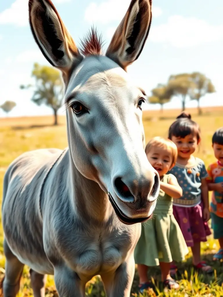 A donkey gently interacting with a group of children during an educational program, showcasing the donkey's calm and patient nature.