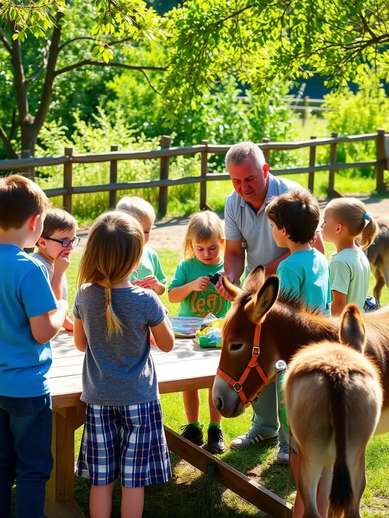 Children learning about donkey care and behavior during an educational workshop, emphasizing the educational aspect of PETITS PAS.