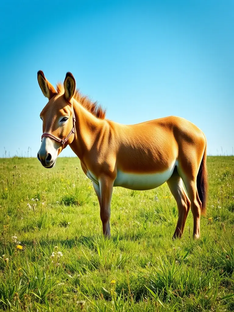 A donkey standing proudly in a field, symbolizing the rehabilitation efforts of PETITS PAS and their commitment to animal welfare.