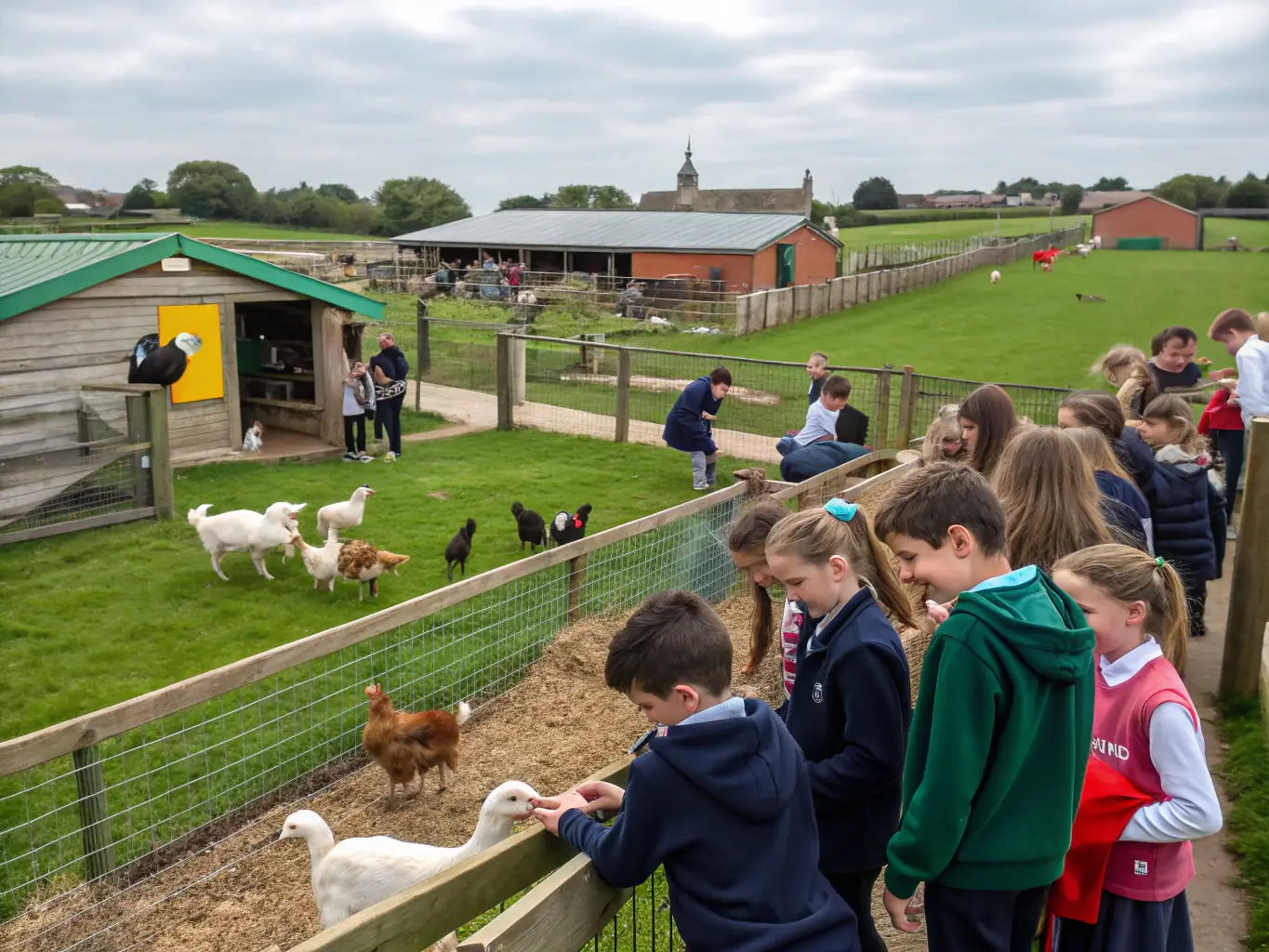 A group of children joyfully interacting with a donkey in a lush green field, representing a recreational activity offered by PETITS PAS.