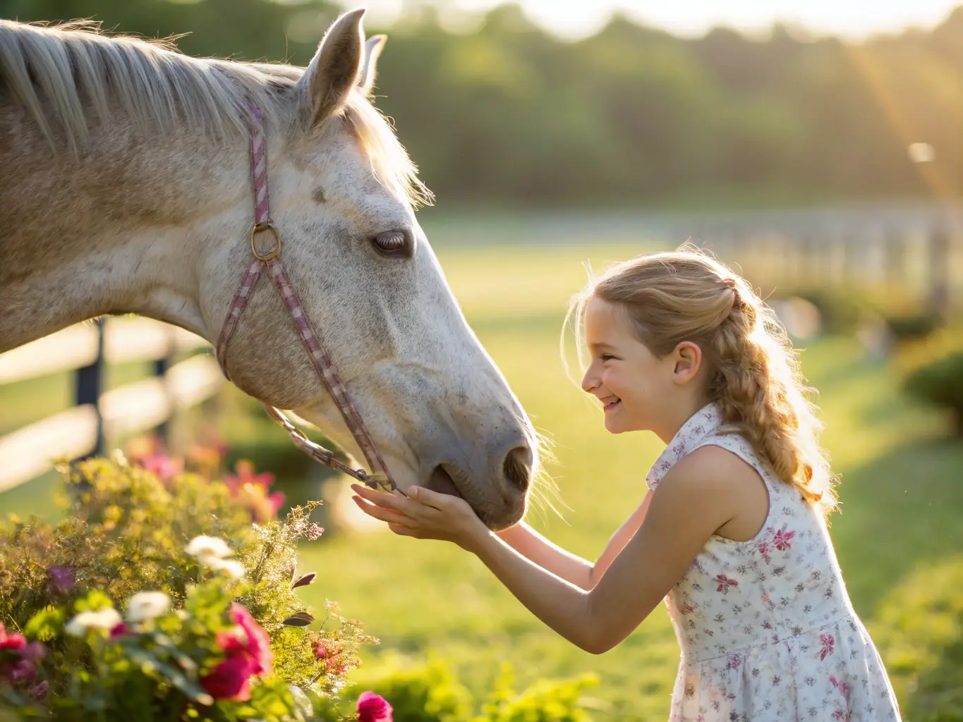 A donkey patiently standing while a child gently brushes its coat, symbolizing a therapeutic activity provided by PETITS PAS.