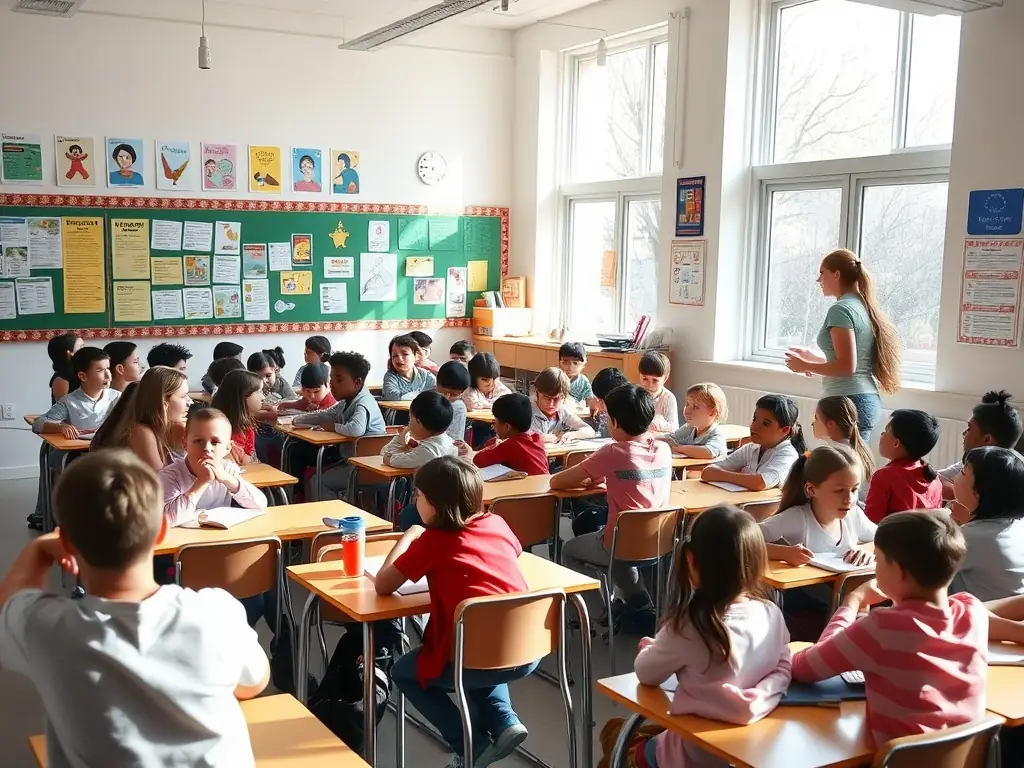 A classroom setting where an instructor is teaching a group about donkeys, showcasing an educational activity by PETITS PAS.