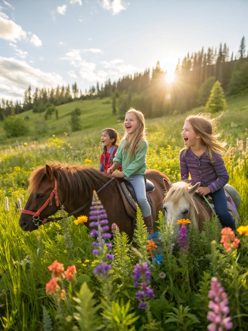 A donkey gently interacting with a group of children during a recreational activity in a sunny field, showcasing the fun aspect of PETITS PAS programs.