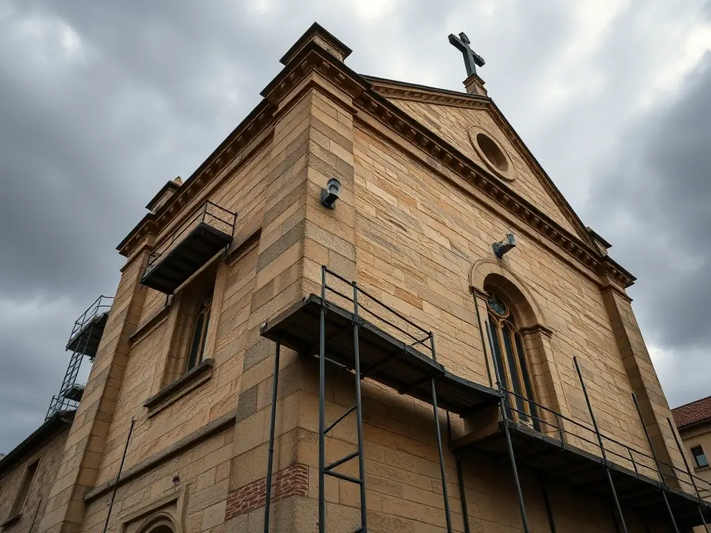 An image depicting the exterior stonework of the Church of Saint Nicolas de Myre, with scaffolding visible, representing ongoing restoration efforts to maintain the building's structural integrity.