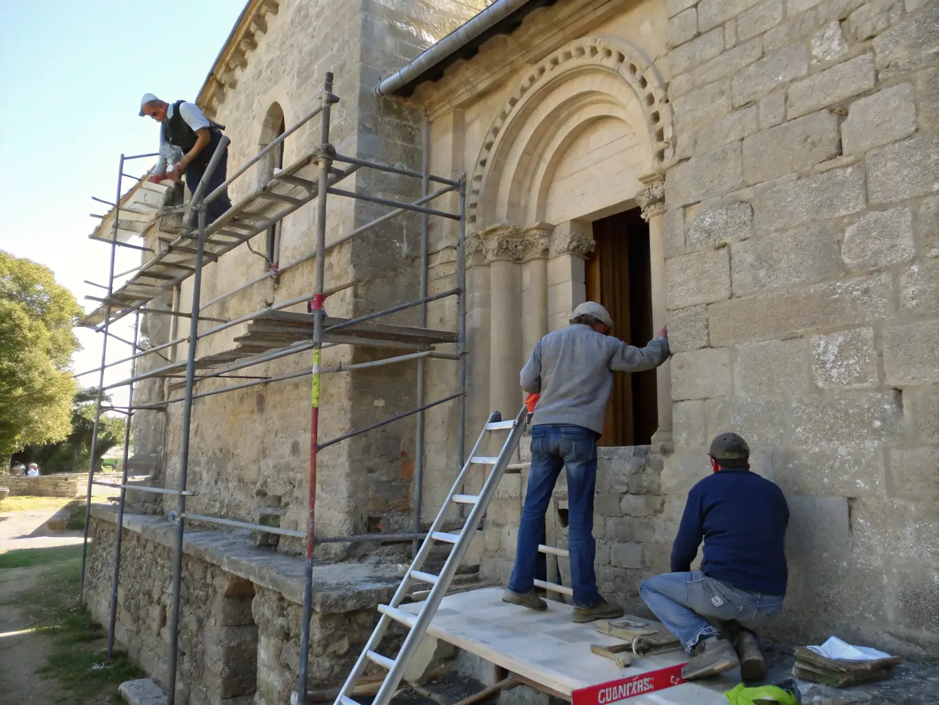 A photograph depicting ongoing restoration work on the exterior facade of the Church of Saint Nicolas de Myre, showcasing scaffolding and workers carefully repairing the stonework.