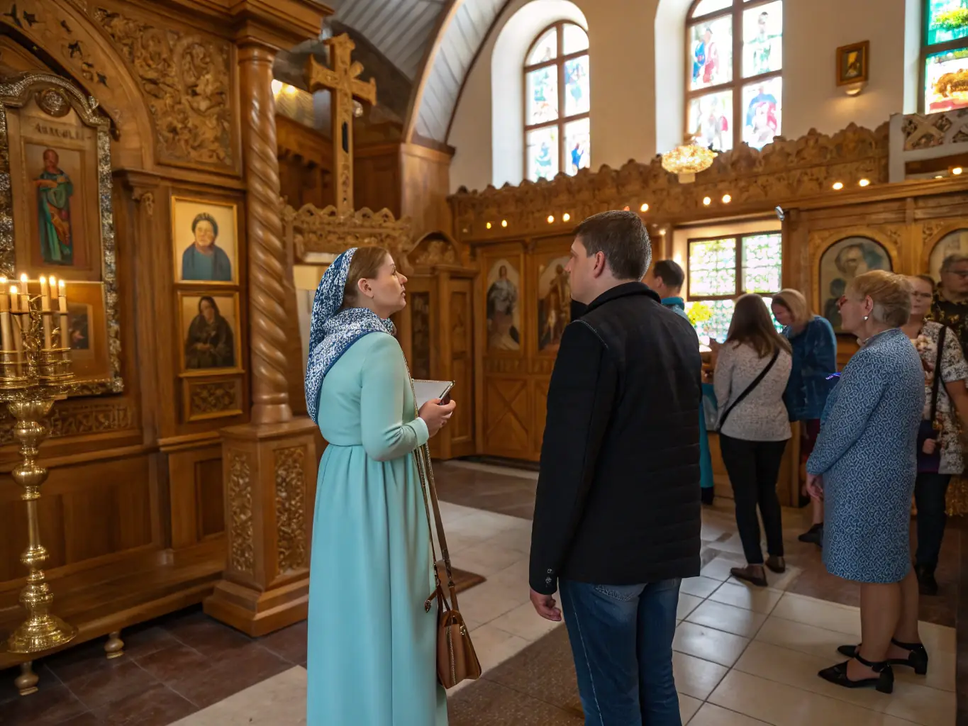 A photograph showing visitors exploring the interior of the Church of Saint Nicolas de Myre during a public access event, with informational signage and guided tours available.